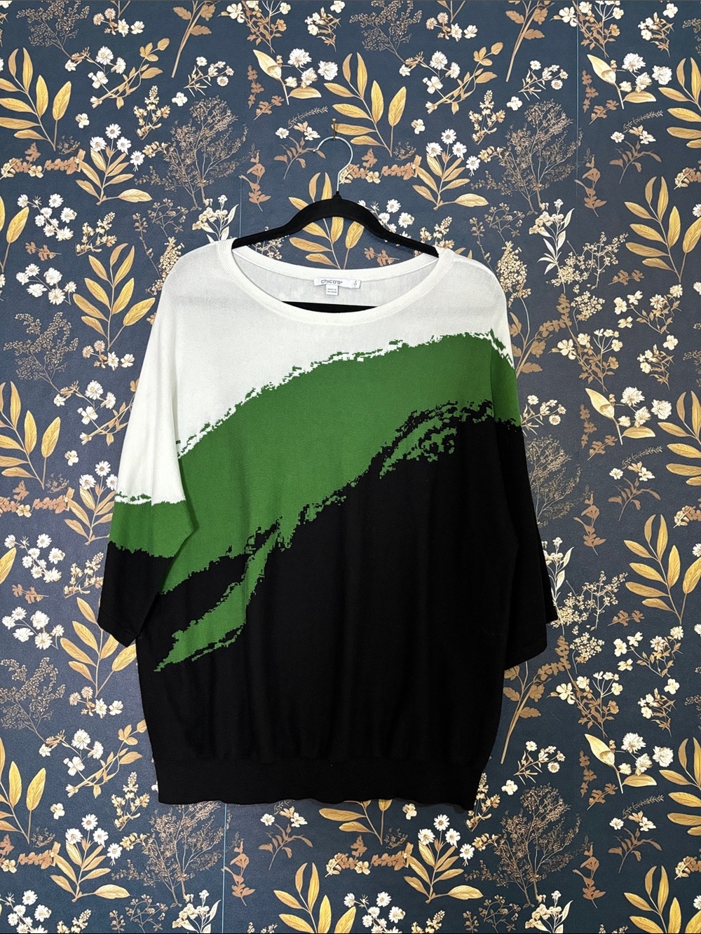 Chico's White Green Black Colorblock Textured Knit Top Sweater Size 2 L
